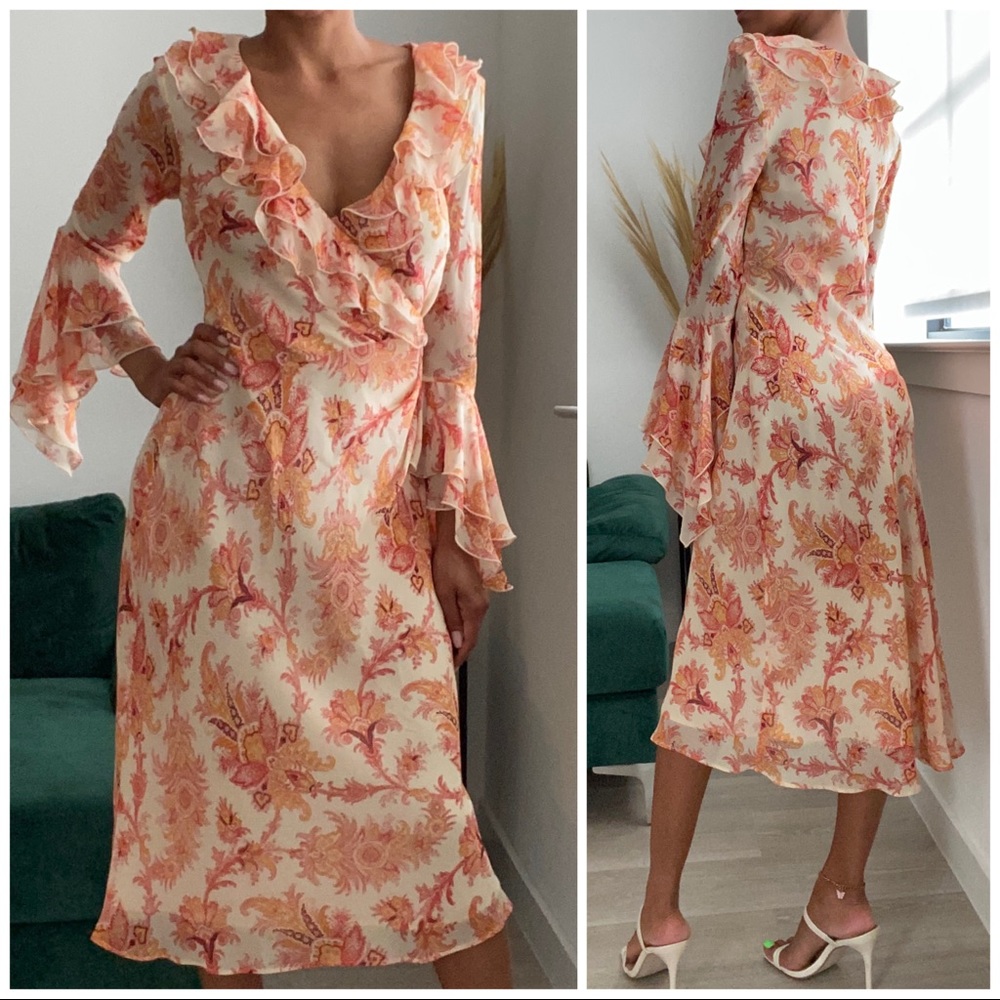 Express Y2K Paisley Orange & Red Silk Ruffled Dress 3/4